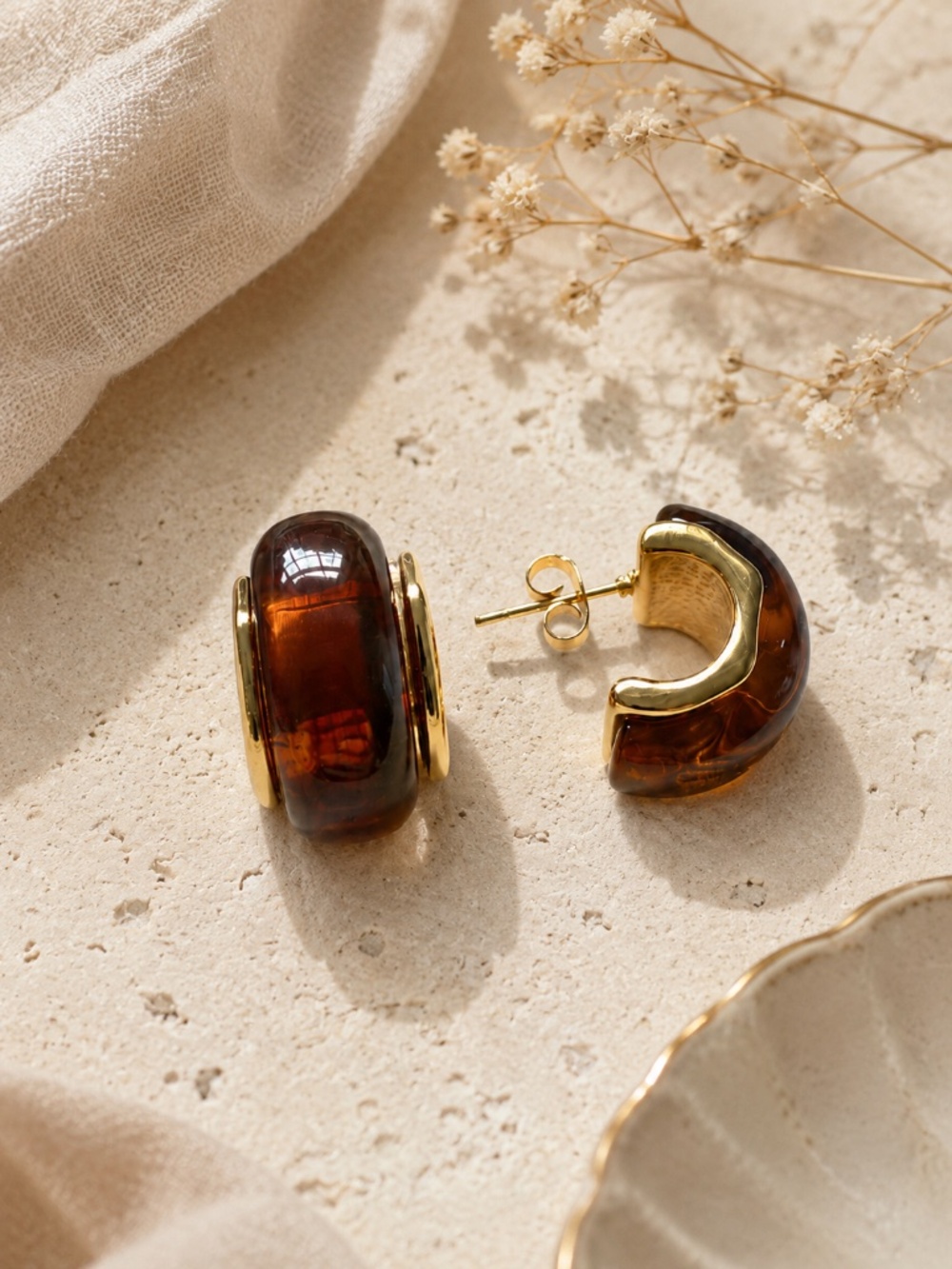 18K Gold Plated Resin Hoop Earrings, Brown Huggie Studs